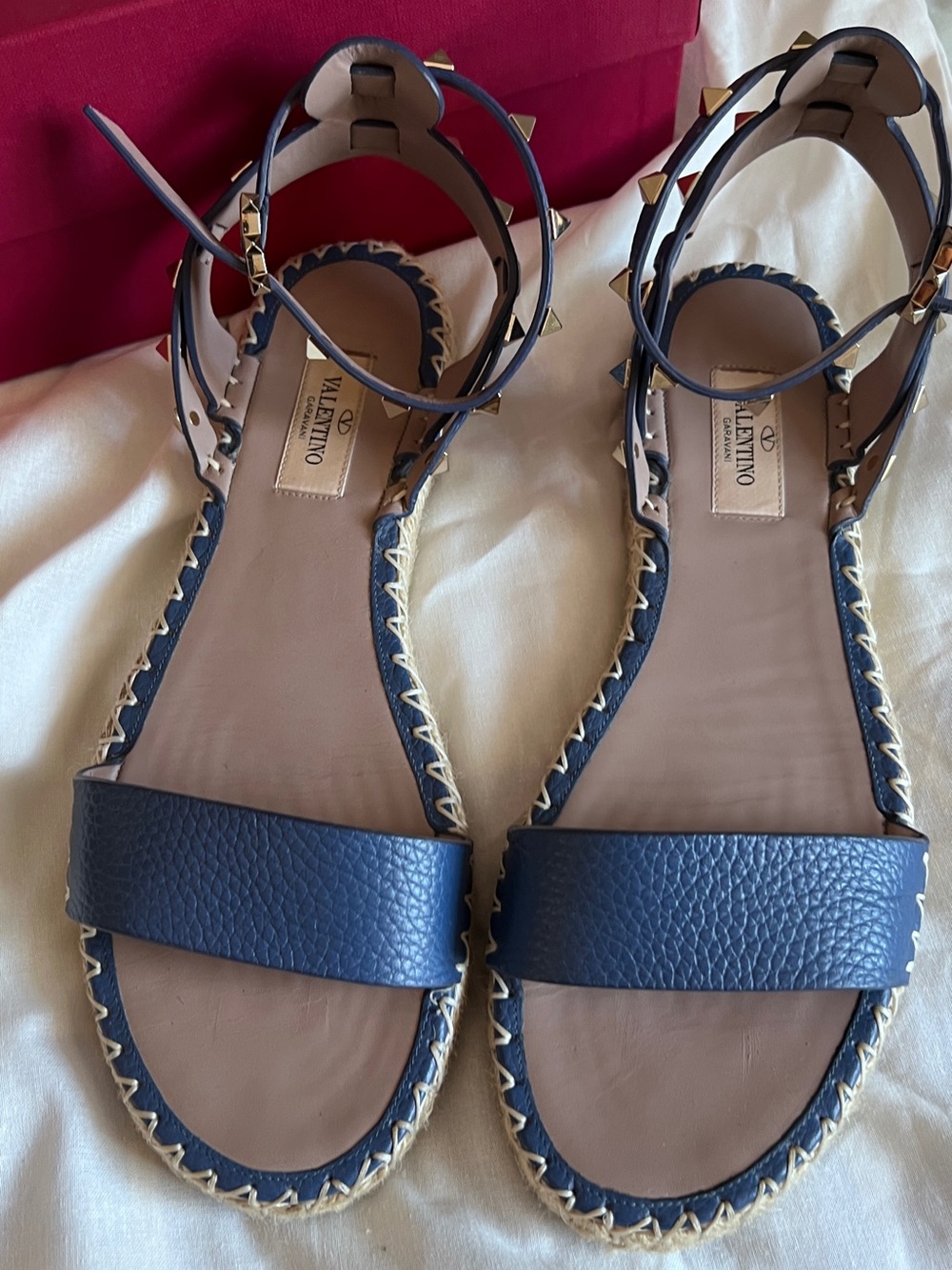 Valentino Rockstud Blue Leather Ankle-Strap Espadrille Sandals